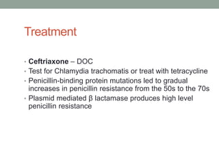 Treatment

• Ceftriaxone – DOC
• Test for Chlamydia trachomatis or treat with tetracycline
• Penicillin-binding protein mutations led to gradual
  increases in penicillin resistance from the 50s to the 70s
• Plasmid mediated β lactamase produces high level
  penicillin resistance
 