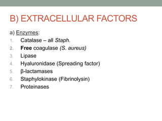 B) EXTRACELLULAR FACTORS
a) Enzymes:
1.  Catalase – all Staph.
2.  Free coagulase (S. aureus)
3.  Lipase
4.  Hyaluronidase (Spreading factor)
5.  β-lactamases
6.  Staphylokinase (Fibrinolysin)
7.  Proteinases
 