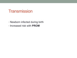 Transmission

• Newborn infected during birth
• Increased risk with PROM
 