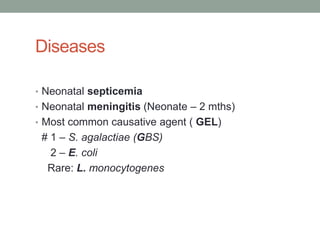 Diseases

• Neonatal septicemia
• Neonatal meningitis (Neonate – 2 mths)
• Most common causative agent ( GEL)
 # 1 – S. agalactiae (GBS)
   2 – E. coli
  Rare: L. monocytogenes
 