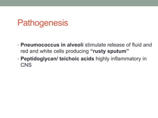 Pathogenesis

• Pneumococcus in alveoli stimulate release of fluid and
  red and white cells producing “rusty sputum”
• Peptidoglycan/ teichoic acids highly inflammatory in
  CNS
 