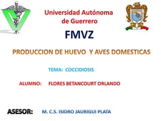 Universidad Autónoma
de Guerrero
FLORES BETANCOURT ORLANDOALUMNO:
TEMA: COCCIDIOSIS
 