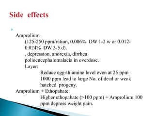 
Amprolium
(125-250 ppm/ration, 0.006% DW 1-2 w or 0.012-
0.024% DW 3-5 d).
, depression, anorexia, dirrhea
polioencephalomalacia in overdose.
Layer:
Reduce egg-thiamine level even at 25 ppm
1000 ppm lead to large No. of dead or weak
hatched progeny.
Amprolium + Ethopabate:
Higher ethopabate (>100 ppm) + Amprolium 100
ppm depress weight gain.
 