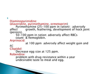 
Diaminopyrimidine:
(diaveridine, pyrimethamine, ormetoprim)
Pyrimethamine (25-100 ppm in ration) : adversely
affect growth, feathering, development of hock joint
(perosis).
50-100 ppm in ration: adversely affect RBCs
count & hemoglobin.
Arprinocid:
at 100 ppm adversely affect weight gain and
FC
Clopidol:
Decrease egg size at 125 ppm.
Robendine:
problem with drug resistance within a year
undesirable taste to meat and egg.
 