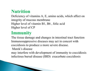 Nutrition
Deficiency of vitamins A, E, amino acids, which affect on
integrity of mucous membrane
Higher level of vitamin B1, B6 , folic acid
Higher level of CP
Immunity
The tissue damage and changes in intestinal tract function
Immunosuppressive diseases may act in concert with
coccidiosis to produce a more severe disease.
Marek’s disease
may interfere with development of immunity to coccidiosis
infectious bursal disease (IBD) exacerbate coccidiosis
 