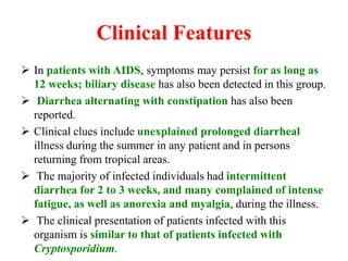 Clinical Features
 In patients with AIDS, symptoms may persist for as long as
12 weeks; biliary disease has also been detected in this group.
 Diarrhea alternating with constipation has also been
reported.
 Clinical clues include unexplained prolonged diarrheal
illness during the summer in any patient and in persons
returning from tropical areas.
 The majority of infected individuals had intermittent
diarrhea for 2 to 3 weeks, and many complained of intense
fatigue, as well as anorexia and myalgia, during the illness.
 The clinical presentation of patients infected with this
organism is similar to that of patients infected with
Cryptosporidium.
 