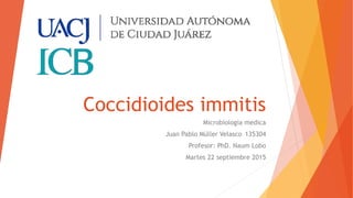 Coccidioides immitis
Microbiologia medica
Juan Pablo Müller Velasco 135304
Profesor: PhD. Naum Lobo
Martes 22 septiembre 2015
 