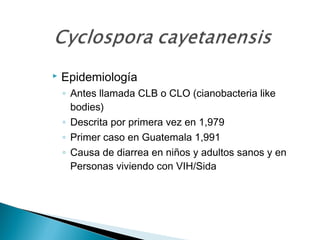    Epidemiología
    ◦ Antes llamada CLB o CLO (cianobacteria like
      bodies)
    ◦ Descrita por primera vez en 1,979
    ◦ Primer caso en Guatemala 1,991
    ◦ Causa de diarrea en niños y adultos sanos y en
      Personas viviendo con VIH/Sida
 