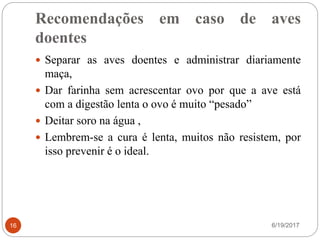 Recomendações em caso de aves
doentes
6/19/201716
 Separar as aves doentes e administrar diariamente
maça,
 Dar farinha sem acrescentar ovo por que a ave está
com a digestão lenta o ovo é muito “pesado”
 Deitar soro na água ,
 Lembrem-se a cura é lenta, muitos não resistem, por
isso prevenir é o ideal.
 