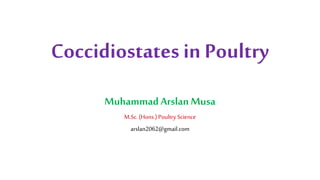Coccidiostates in Poultry
Muhammad Arslan Musa
M.Sc.(Hons.) Poultry Science
arslan2062@gmail.com
 