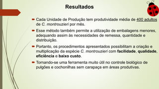 Resultados
 Cada Unidade de Produção tem produtividade média de 400 adultos
de C. montrouzieri por mês.
 Esse método também permite a utilização de embalagens menores,
adequando assim às necessidades de remessa, quantidade e
distribuição.
 Portanto, os procedimentos apresentados possibilitam a criação e
multiplicação da espécie C. montrouzieri com facilidade, qualidade,
eficiência e baixo custo.
 Tornando-se uma ferramenta muito útil no controle biológico de
pulgões e cochonilhas sem carapaça em áreas produtivas.
 