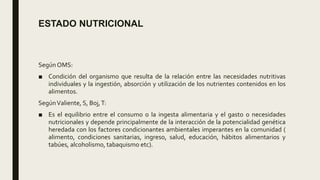 ESTADO NUTRICIONAL
Según OMS:
■ Condición del organismo que resulta de la relación entre las necesidades nutritivas
individuales y la ingestión, absorción y utilización de los nutrientes contenidos en los
alimentos.
SegúnValiente, S, Boj,T:
■ Es el equilibrio entre el consumo o la ingesta alimentaria y el gasto o necesidades
nutricionales y depende principalmente de la interacción de la potencialidad genética
heredada con los factores condicionantes ambientales imperantes en la comunidad (
alimento, condiciones sanitarias, ingreso, salud, educación, hábitos alimentarios y
tabúes, alcoholismo, tabaquismo etc).
 