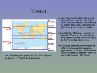 Paralelos
                                                  Círculos imaginarios perpendiculares
                                                      al eje de rotación terrestre, de
                                                      radio cada vez menor a medida que
                                                      se alejan del Ecuador (paralelo 0 o
                                                      principal) y se acercan a los Polos.

                                                  El paralelo de referencia, Ecuador, o
                                                      paralelo 0º, es un círculo máximo
                                                      equidistante de los polos y divide a
                                                      la Tierra en dos hemisferios.

                                                  Al ser líneas imaginarias su número es
                                                      infinito si bien en los mapas se
                                                      representa un número limitado con
                                                      una equidistancia constante (90º al
Los paralelos principales son: Ecuador, Trópico       norte de Ecuador, 90º al sur).
de Cáncer y Trópico de Capricornio
 