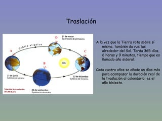 Traslación


             A la vez que la Tierra rota sobre sí
                 misma, también da vueltas
                 alrededor del Sol. Tarda 365 días,
                 6 horas y 9 minutos, tiempo que es
                 llamado año sideral.

             Cada cuatro años se añade un días más
                para acompasar la duración real de
                la traslación al calendario: es el
                año bisiesto.
 