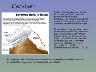 Efecto Föehn
                                           •   Es el recalentamiento del aire al
                                               descender por la vertiente de
                                               sotavento de un relieve
                                               montañoso. Su nombre procede de
                                               un viento cálido y seco que alcanza
                                               Alemania procedente de los Alpes.

                                           •   El aire al ascender por la vertiente
                                               de barlovento se enfría, alcanza el
                                               punto de saturación, se forman
                                               nubes y descarga su humedad en
                                               forma de precipitación a ese lado
                                               de la montaña. Por la vertiente
                                               contraria (sotavento), el aire
                                               desciende seco y cálido,
                                               calentándose a razón de 1º/100 m.




En Canarias el efecto Föehn produce una clara disimetría pluviométrica entre
las vertientes orográficas de las islas más montañosas.
 