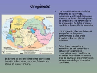 Orogénesis
                                                  •   Los procesos resultantes de las
                                                      presiones de la corteza,
                                                      vulcanismo y actividad sísmica en
                                                      el marco de la tectónica de placas,
                                                      se conocen bajo la denominación
                                                      de orogénesis. De tales procesos
                                                      resultan la formación de montañas.

                                                  •   Las orogénesis afecta a las áreas
                                                      marginales de las placas
                                                      continentales o a las áreas
                                                      situadas entre dos placas
                                                      próximas.

                                                  •   Estas áreas, alargadas y
                                                      estrechas, se ven sometidas a
                                                      esfuerzos tangenciales
                                                      compresivos, como resultado de
                                                      los cuales los sedimentos que en
En España las dos orogénesis más destacadas           ellas se acumulan, experimentan un
                                                      ascenso que da lugar a elevadas
han sido la herciniana, en la era Primaria y la
                                                      cordilleras.
alpina, en la era Terciaria.
 