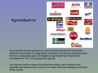 Agroindustria




•   Es un establecimiento productivo cuya actividad consiste en transformar
    materias primas agrarias (vegetales y animales) en productos semielaborados
    (harina) o elaborados (pan). En España las agroindustrias transforman
    actualmente el 70 % de la producción agraria.

•   Las mayores están en manos de las multinacionales, pero existen otras
    pequeñas que están siendo la base de la industrialización endógena de muchas
    áreas rurales.
 