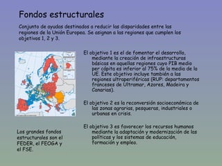 Fondos estructurales
Conjunto de ayudas destinados a reducir las disparidades entre las
regiones de la Unión Europea. Se asignan a las regiones que cumplen los
objetivos 1, 2 y 3.

                            El objetivo 1 es el de fomentar el desarrollo,
                                mediante la creación de infraestructuras
                                básicas en aquellas regiones cuyo PIB medio
                                per cápita es inferior al 75% de la media de la
                                UE. Este objetivo incluye también a las
                                regiones ultraperiféricas (RUP: departamentos
                                franceses de Ultramar, Azores, Madeira y
                                Canarias).

                            El objetivo 2 es la reconversión socioeconómica de
                                las zonas agrarias, pesqueras, industriales o
                                urbanas en crisis.

                            El objetivo 3 es favorecer los recursos humanos
Los grandes fondos              mediante la adaptación y modernización de las
estructurales son el            políticas y los sistemas de educación,
FEDER, el FEOGA y               formación y empleo.
el FSE.
 