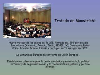 Tratado de Maastricht




 Nuevo tratado de los países de la CEE. Firmado en 1992 por los seis
  fundadores (Alemania, Francia, Italia, BENELUX), Dinamarca, Reino
   Unido, Irlanda, Grecia, España y Portugal, entró en vigor en 1993.

        La Comunidad Europea se convierte en Unión Europea .

Establece un calendario para la unión económica y monetaria, la política
   exterior y de seguridad común y la cooperación en justicia y política
                                 interior.
 