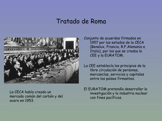 Tratado de Roma

                                  Conjunto de acuerdos firmados en
                                     1957 por los estados de la CECA
                                     (Benelux, Francia, R.F.Alemania e
                                     Italia), por los que se creaba la
                                     CEE y la EURATOM.

                                  La CEE establecía los principios de la
                                      libre circulación de personas,
                                      mercancías, servicios y capitales
                                      entre los países firmantes.

                                  El EURATOM pretendía desarrollar la
La CECA había creado un               investigación y la industria nuclear
mercado común del carbón y del        con fines pacíficos.
acero en 1953.
 