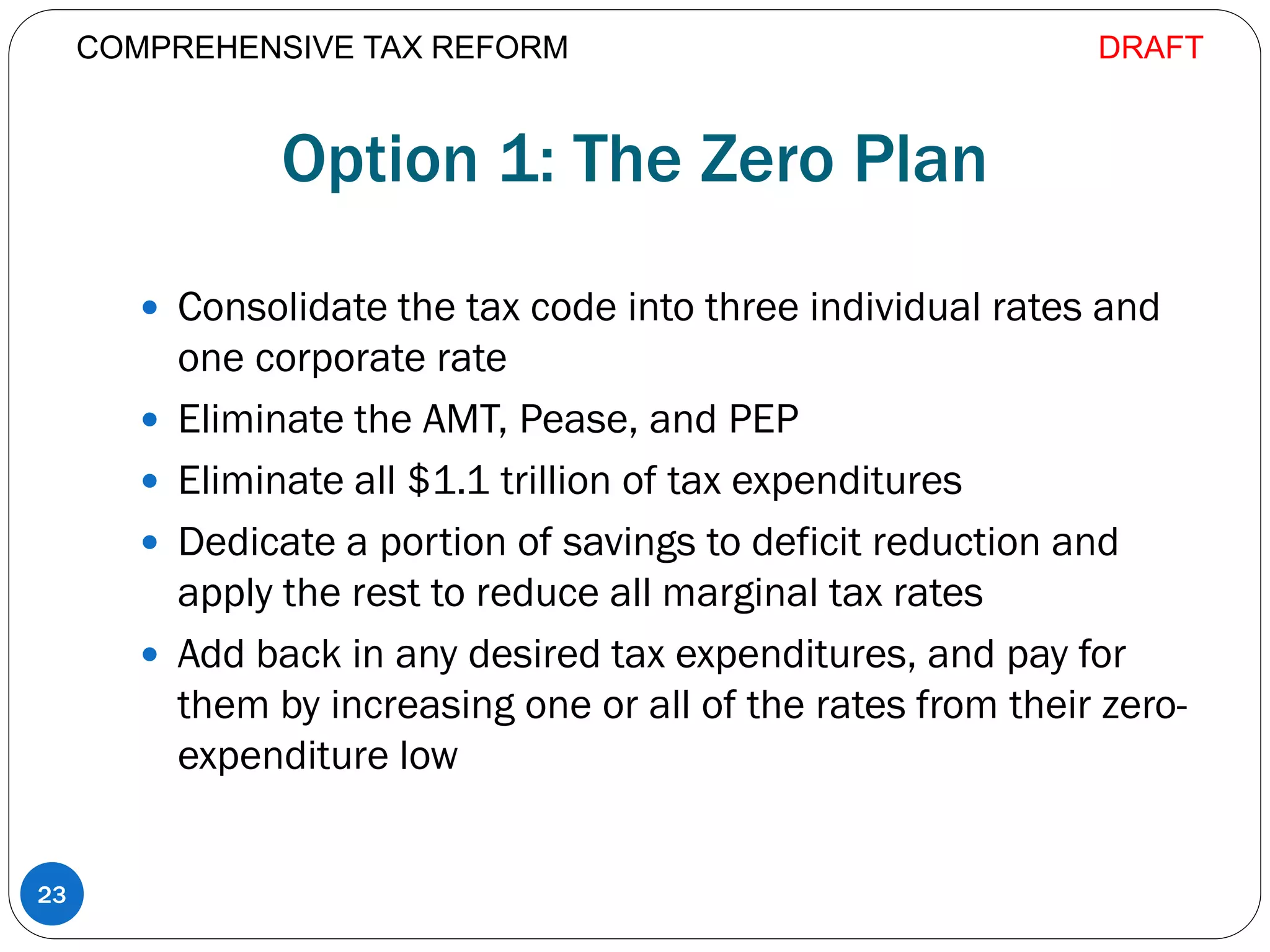 Option 1: The Zero Plan
 Consolidate the tax code into three individual rates and
one corporate rate
 Eliminate the AMT, Pease, and PEP
 Eliminate all $1.1 trillion of tax expenditures
 Dedicate a portion of savings to deficit reduction and
apply the rest to reduce all marginal tax rates
 Add back in any desired tax expenditures, and pay for
them by increasing one or all of the rates from their zero-
expenditure low
23
COMPREHENSIVE TAX REFORM DRAFT
 