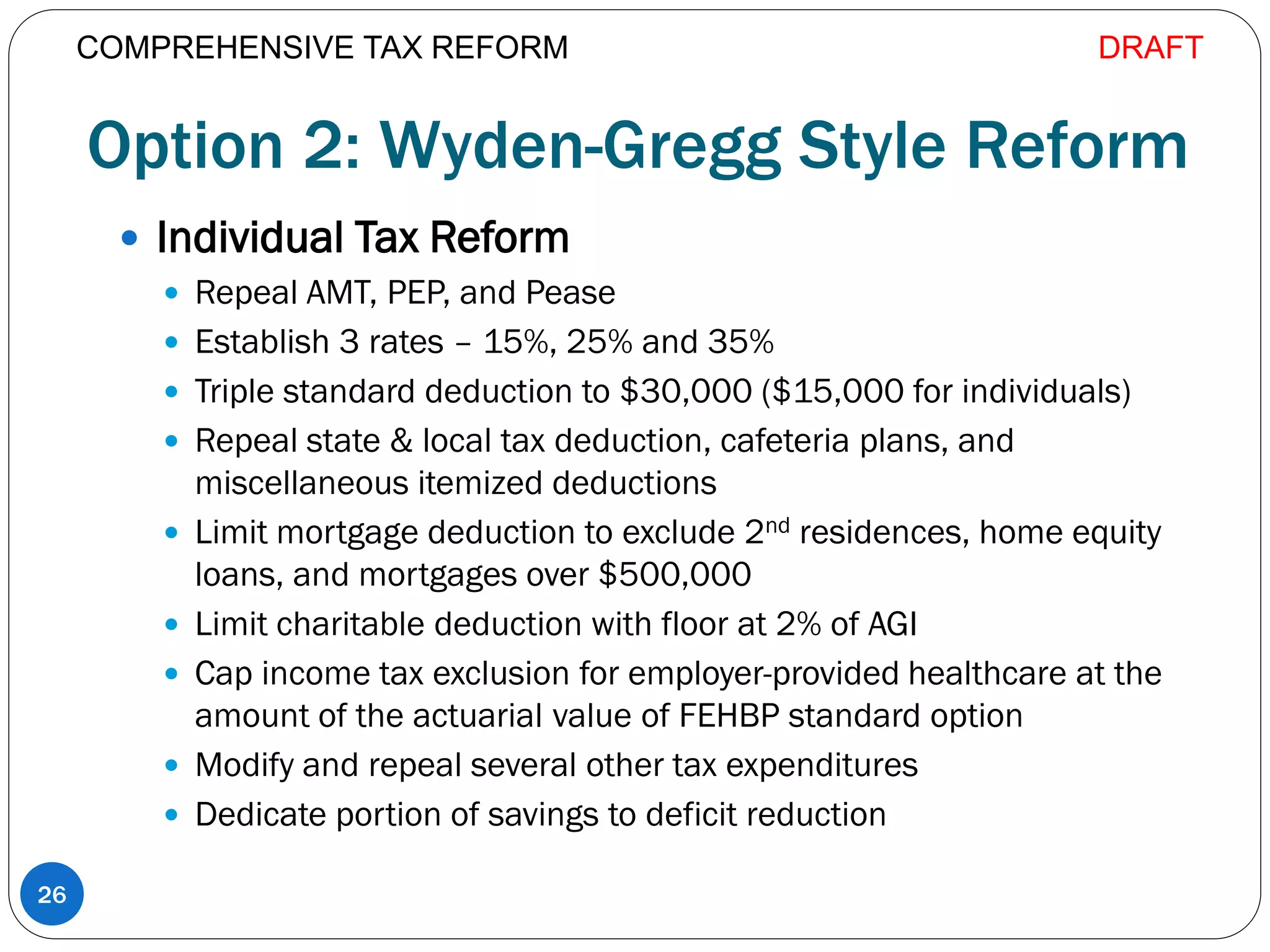 Option 2: Wyden-Gregg Style Reform
 Individual Tax Reform
 Repeal AMT, PEP, and Pease
 Establish 3 rates – 15%, 25% and 35%
 Triple standard deduction to $30,000 ($15,000 for individuals)
 Repeal state & local tax deduction, cafeteria plans, and
miscellaneous itemized deductions
 Limit mortgage deduction to exclude 2nd residences, home equity
loans, and mortgages over $500,000
 Limit charitable deduction with floor at 2% of AGI
 Cap income tax exclusion for employer-provided healthcare at the
amount of the actuarial value of FEHBP standard option
 Modify and repeal several other tax expenditures
 Dedicate portion of savings to deficit reduction
26
COMPREHENSIVE TAX REFORM DRAFT
 