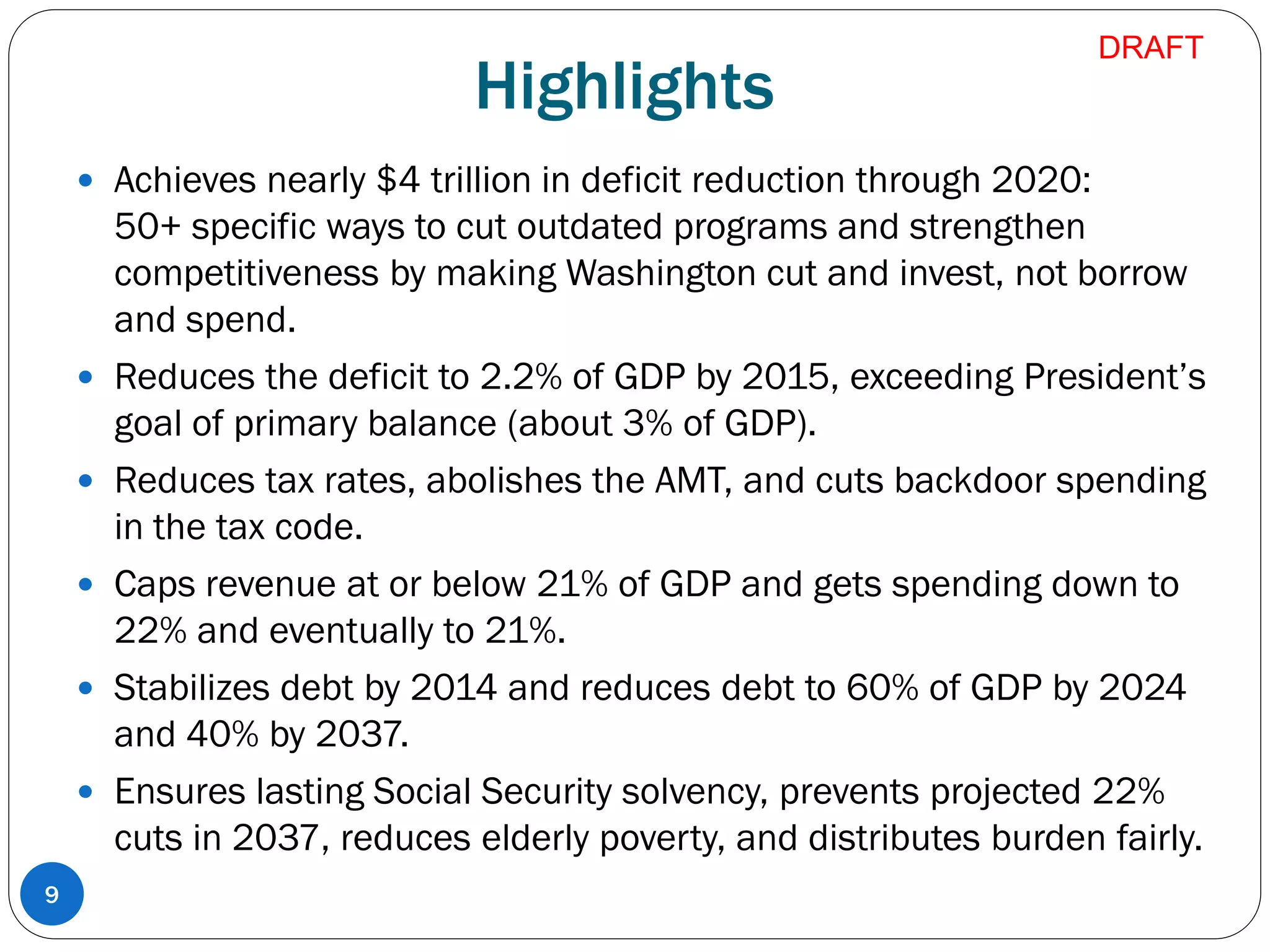 Highlights
 Achieves nearly $4 trillion in deficit reduction through 2020:
50+ specific ways to cut outdated programs and strengthen
competitiveness by making Washington cut and invest, not borrow
and spend.
 Reduces the deficit to 2.2% of GDP by 2015, exceeding President’s
goal of primary balance (about 3% of GDP).
 Reduces tax rates, abolishes the AMT, and cuts backdoor spending
in the tax code.
 Caps revenue at or below 21% of GDP and gets spending down to
22% and eventually to 21%.
 Stabilizes debt by 2014 and reduces debt to 60% of GDP by 2024
and 40% by 2037.
 Ensures lasting Social Security solvency, prevents projected 22%
cuts in 2037, reduces elderly poverty, and distributes burden fairly.
9
DRAFT
 