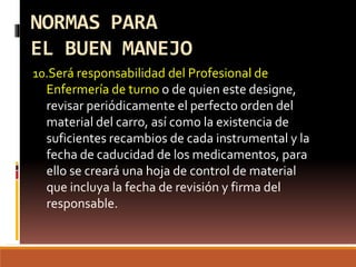 NORMAS PARA
EL BUEN MANEJO
10.Será responsabilidad del Profesional de
Enfermería de turno o de quien este designe,
revisar periódicamente el perfecto orden del
material del carro, así como la existencia de
suficientes recambios de cada instrumental y la
fecha de caducidad de los medicamentos, para
ello se creará una hoja de control de material
que incluya la fecha de revisión y firma del
responsable.
 