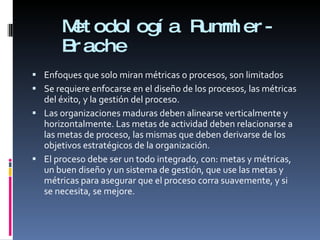 Metodología Rummler-Brache Enfoques que solo miran métricas o procesos, son limitados Se requiere enfocarse en el diseño de los procesos, las métricas del éxito, y la gestión del proceso. Las organizaciones maduras deben alinearse verticalmente y horizontalmente. Las metas de actividad deben relacionarse a las metas de proceso, las mismas que deben derivarse de los objetivos estratégicos de la organización. El proceso debe ser un todo integrado, con: metas y métricas, un buen diseño y un sistema de gestión, que use las metas y métricas para asegurar que el proceso corra suavemente, y si se necesita, se mejore. 