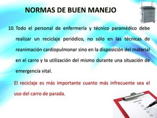 NORMAS DE BUEN MANEJO 
10. Todo el personal de enfermería y técnico paramédico debe 
realizar un reciclaje periódico, no sólo en las técnicas de 
reanimación cardiopulmonar sino en la disposición del material 
en el carro y la utilización del mismo durante una situación de 
emergencia vital. 
El reciclaje es más importante cuanto más infrecuente sea el 
uso del carro de parada. 
 