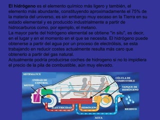 El hidrógeno  es el elemento químico más ligero y también, el elemento más abundante, constituyendo aproximadamente el 75% de  la materia del universo, es sin embargo muy escaso en la Tierra en su  estado elemental y es producido industrialmente a partir de  hidrocarburos como, por ejemplo, el metano. La mayor parte del hidrógeno elemental se obtiene "in situ", es decir,  en el lugar y en el momento en el que se necesita. El hidrógeno puede  obtenerse a partir del agua por un proceso de electrólisis, se esta  trabajando en reducir costes actualmente resulta más caro que  obtenerlo a partir del gas natural. Actualmente podría producirse coches de hidrogeno si no lo impidiera  el precio de la pila de combustible, aún muy elevado. 