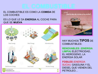 EL COMBUSTIBLE
EL COMBUSTIBLE ES COMO LA COMIDA DE
LOS COCHES
ES LO QUE LE DA ENERGIA AL COCHE PARA
QUE SE MUEVA
HAY MUCHOS TIPOS DE
COMBUSTIBLES:
RENOVABLES: (ENERGIA
LIMPIA) ELECTRICIDAD,
EL HIDROGENO, LA
ENERGIA SOLAR
FOSILES (ENERGIA
SUCIA): GASOLINA Y EL
DIESEL QUE VIENEN DEL
PETROLEO…
 