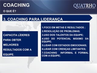 COACHING
O QUE É?


3. COACHING PARA LIDERANÇA

                   1.FOCO EM METAS E RESULTADOS ;
                   2.RESOLUÇÃO DE PROBLEMAS;
CAPACITA LÍDERES   3.USO DOS TALENTOS DA EQUIPE;
                   4.USO DO POTENCIAL MÁXIMO DA
PARA OBTER
                   EQUIPE;
MELHORES           5.LIDAR COM ESTADOS EMOCIONAIS;
RESULTADOS COM A   6.LIDAR COM CRENÇAS LIMITANTES;
                   7.COACHING INFORMAL E FORMAL
EQUIPE.            COM A EQUIPE;
 