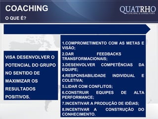 COACHING
O QUE É?




                     1.COMPROMETIMENTO COM AS METAS E
                     VISÃO;
                     2.DAR        FEEDBACKS
VISA DESENVOLVER O   TRANSFORMACIONAIS;
POTENCIAL DO GRUPO   3.DESENVOLVER    COMPETÊNCIAS      DA
                     EQUIPE;
NO SENTIDO DE
                     4.RESPONSABILIDADE    INDIVIDUAL     E
MAXIMIZAR OS         COLETIVA;
                     5.LIDAR COM CONFLITOS;
RESULTADOS
                     6.CONSTRUIR  EQUIPES     DE     ALTA
POSITIVOS.           PERFORMANCE;
                     7.INCENTIVAR A PRODUÇÃO DE IDÉIAS;
                     8.INCENTIVAR A     CONSTRUÇÃO      DO
                     CONHECIMENTO.
 
