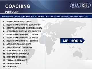 COACHING
      POR QUÊ?
UMA PESQUISA DO BCI ( BEHAVIORAL COACHING INSTITUTE) COM EMPRESAS DO USA REVELOU:

 1.   RETENÇÃO DE EXECUTIVOS
 2.   RELACIONAMENTO COM SUPERIORES
 3.   COMPROMETIMENTO ORGANIZACIONAL
 4.   REDUÇÃO DE QUEIXAS DOS CLIENTES
 5.   RELACIONAMENTO COM O CLIENTE
 6.   RELACIONAMENTO COM OS PARES
 7.   RELACIONAMENTO COM EQUIPES                         MELHORIA
 8.   ATENDIMENTO AO CLIENTE
 9.   SATISFAÇÃO NO TRABALHO
 10. FORÇA ORGANIZACIONAL
 11. REDUÇÃO DE CONFLITOS
 12. REDUÇÃO DE CUSTOS
 13. TRABALHO EM EQUIPE
 14. PRODUTIVIDADE
 15. LUCRO FINAL
 