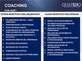 COACHING
   POR QUÊ?
OUTROS BENEFÍCIOS PARA ORGANIZAÇÃO     ALGUNS BENEFÍCIOS PARA PESSOAS


 1. COLABORAÇÃO MÚTUA – VISÃO          1. MAIOR AUTOCONHECIMENTO;
    UNIFICADA;
                                       2. AUTOMOTIVAÇÃO BASEADA EM
 2. APRENDIZAGEM E CRIATIVIDADE;          VALORES PESSOAIS;
 3. FOCO EM RESULTADOS;                3. ANÁLISE E SOLUÇÃO DE
 4. ALINHAMENTO DE VALORES PESSOAIS       PROBLEMAS;
    COM VALORES DA ORGANIZAÇÃO;        4. MELHOR RELACIONAMENTO
 5. RESPONSABILIDADE INDIVIDUAL E         INTEPESSOAL;
    COLETIVA;                          5. MELHORES RESULTADOS PESSOAIS
 6. DESENVOLVIMENTO DE LIDERANÇAS;        E PROFISSIONAIS;
                                       6. COMUNICAÇÃO MAIS EFETIVA;
 7. SOLUÇÕES INOVADORAS;
                                       7. MAIOR CAPACIDADE DE
 8. RETENÇÃO DE TALENTOS;                 AUTOGESTÃO;
                                       8. MAIOR CONTROLE EMOCIONAL;
 9. COMUNICAÇÃO EFETIVA;
                                       9. MAIOR CAPACIDADE DE RACIOCÍNIO
 10. ANÁLISE E SOLUÇÃO DE PROBLEMAS;      E APRENDIZAGEM.

 11. MAIOR SINERGIA.
 