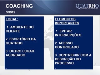 COACHING
ONDE?

LOCAL:             ELEMENTOS
                   IMPORTANTES
1. AMBIENTE DO
CLIENTE             1. EVITAR
                   INTERRUPÇÕES
2. ESCRITÓRIO DA
QUATRHO            2. ACESSO
                   CONTROLADO
3. OUTRO LUGAR
ACORDADO           3. CONTRIBUIR COM A
                   DESCRIÇÃO DO
                   PROCESSO
 