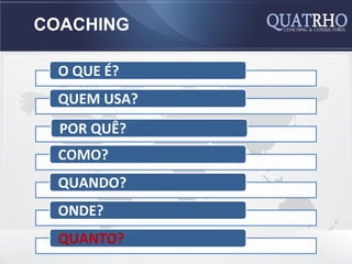 COACHING

  O QUE É?
  QUEM USA?
  POR QUÊ?
  COMO?
  QUANDO?
  ONDE?
  QUANTO?
 