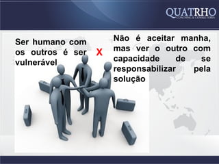 Ser humano com        Não é aceitar manha,
                      mas ver o outro com
os outros é ser   X
vulnerável            capacidade     de  se
                      responsabilizar   pela
                      solução
 
