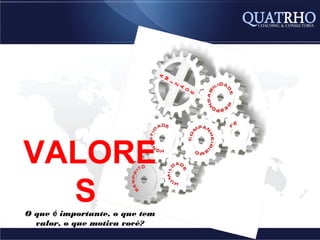 E
                                    A DAD
                                 A
                                M

                                     RIE
                                  IDA I
                                     Z

                                   D
                                  E
                                    L
                                 SO
VALORE
  S
O que é importante, o que tem
  valor, o que motiva você?
 