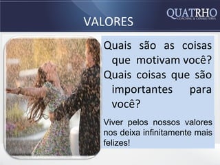 VALORES
  Quais são as coisas
   que motivam você?
  Quais coisas que são
   importantes para
   você?
  Viver pelos nossos valores
  nos deixa infinitamente mais
  felizes!
 