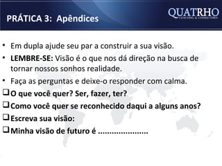PRÁTICA 3: Apêndices

• Em dupla ajude seu par a construir a sua visão.
• LEMBRE-SE: Visão é o que nos dá direção na busca de
  tornar nossos sonhos realidade.
• Faça as perguntas e deixe-o responder com calma.
 O que você quer? Ser, fazer, ter?
 Como você quer se reconhecido daqui a alguns anos?
 Escreva sua visão:
 Minha visão de futuro é ......................
 