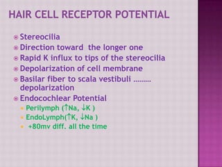  Stereocilia
 Direction toward the longer one
 Rapid K influx to tips of the stereocilia
 Depolarization of cell membrane
 Basilar fiber to scala vestibuli ………
depolarization
 Endocochlear Potential
 Perilymph (Na, K )
 EndoLymph(K, Na )
 +80mv diff. all the time
 