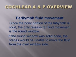 Perilymph fluid movement
 Since the bony portion of the labyrinth is
 solid, the only release for fluid movement
 is the round window.
If the round window was solid bone, the
 stapes would be unable to move the fluid
 from the oval window side.
 