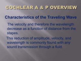 Characteristics of the Traveling Wave
The velocity and therefore the wavelength
decrease as a function of distance from the
stapes.
This reduction of amplitude, velocity, and
wavelength is commonly found with any
sound transmission through a fluid.
 