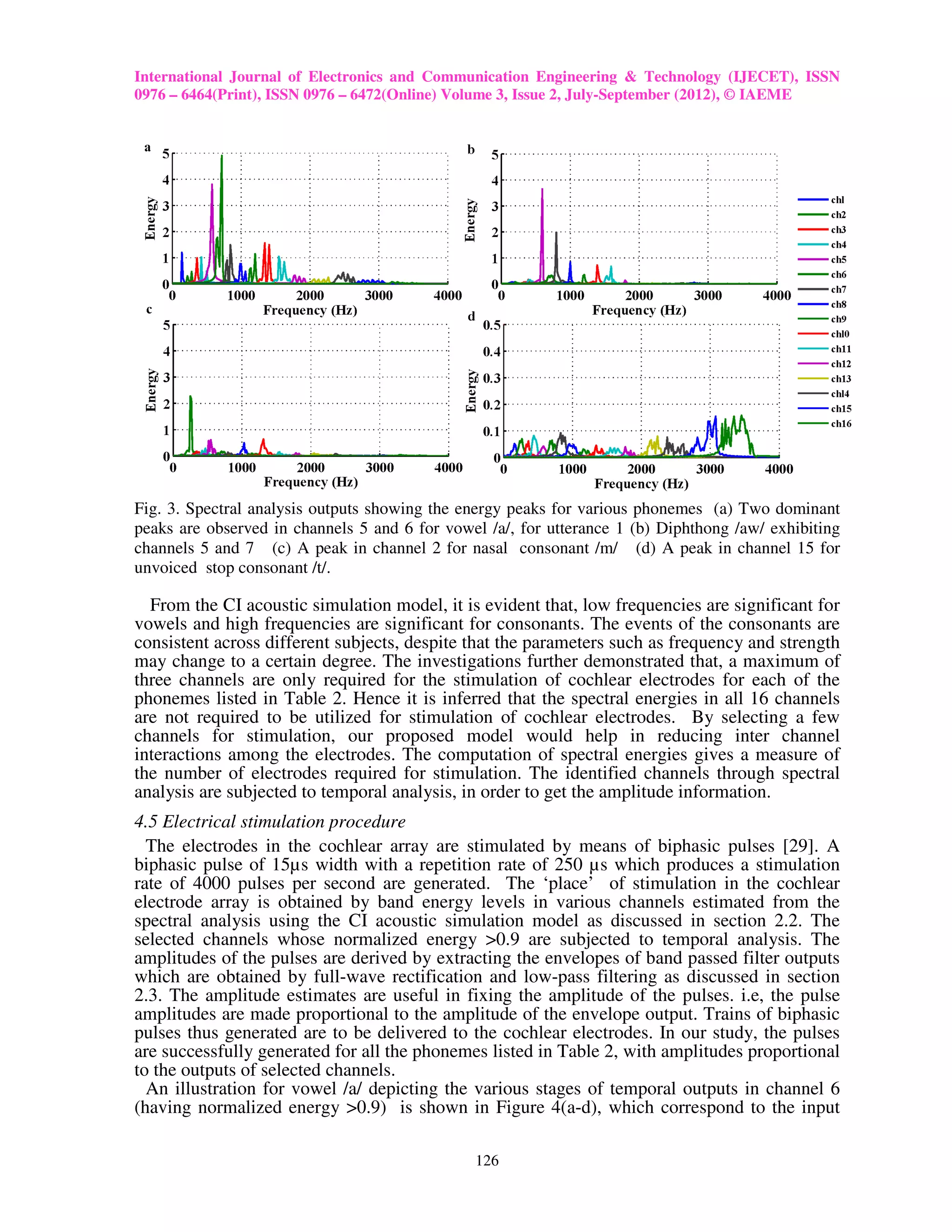 International Journal of Electronics and Communication Engineering & Technology (IJECET), ISSN
0976 – 6464(Print), ISSN 0976 – 6472(Online) Volume 3, Issue 2, July-September (2012), © IAEME




Fig. 3. Spectral analysis outputs showing the energy peaks for various phonemes (a) Two dominant
peaks are observed in channels 5 and 6 for vowel /a/, for utterance 1 (b) Diphthong /aw/ exhibiting
channels 5 and 7 (c) A peak in channel 2 for nasal consonant /m/ (d) A peak in channel 15 for
unvoiced stop consonant /t/.

  From the CI acoustic simulation model, it is evident that, low frequencies are significant for
vowels and high frequencies are significant for consonants. The events of the consonants are
consistent across different subjects, despite that the parameters such as frequency and strength
may change to a certain degree. The investigations further demonstrated that, a maximum of
three channels are only required for the stimulation of cochlear electrodes for each of the
phonemes listed in Table 2. Hence it is inferred that the spectral energies in all 16 channels
are not required to be utilized for stimulation of cochlear electrodes. By selecting a few
channels for stimulation, our proposed model would help in reducing inter channel
interactions among the electrodes. The computation of spectral energies gives a measure of
the number of electrodes required for stimulation. The identified channels through spectral
analysis are subjected to temporal analysis, in order to get the amplitude information.
4.5 Electrical stimulation procedure
  The electrodes in the cochlear array are stimulated by means of biphasic pulses [29]. A
biphasic pulse of 15µs width with a repetition rate of 250 µs which produces a stimulation
rate of 4000 pulses per second are generated. The ‘place’ of stimulation in the cochlear
electrode array is obtained by band energy levels in various channels estimated from the
spectral analysis using the CI acoustic simulation model as discussed in section 2.2. The
selected channels whose normalized energy >0.9 are subjected to temporal analysis. The
amplitudes of the pulses are derived by extracting the envelopes of band passed filter outputs
which are obtained by full-wave rectification and low-pass filtering as discussed in section
2.3. The amplitude estimates are useful in fixing the amplitude of the pulses. i.e, the pulse
amplitudes are made proportional to the amplitude of the envelope output. Trains of biphasic
pulses thus generated are to be delivered to the cochlear electrodes. In our study, the pulses
are successfully generated for all the phonemes listed in Table 2, with amplitudes proportional
to the outputs of selected channels.
  An illustration for vowel /a/ depicting the various stages of temporal outputs in channel 6
(having normalized energy >0.9) is shown in Figure 4(a-d), which correspond to the input

                                               126
 