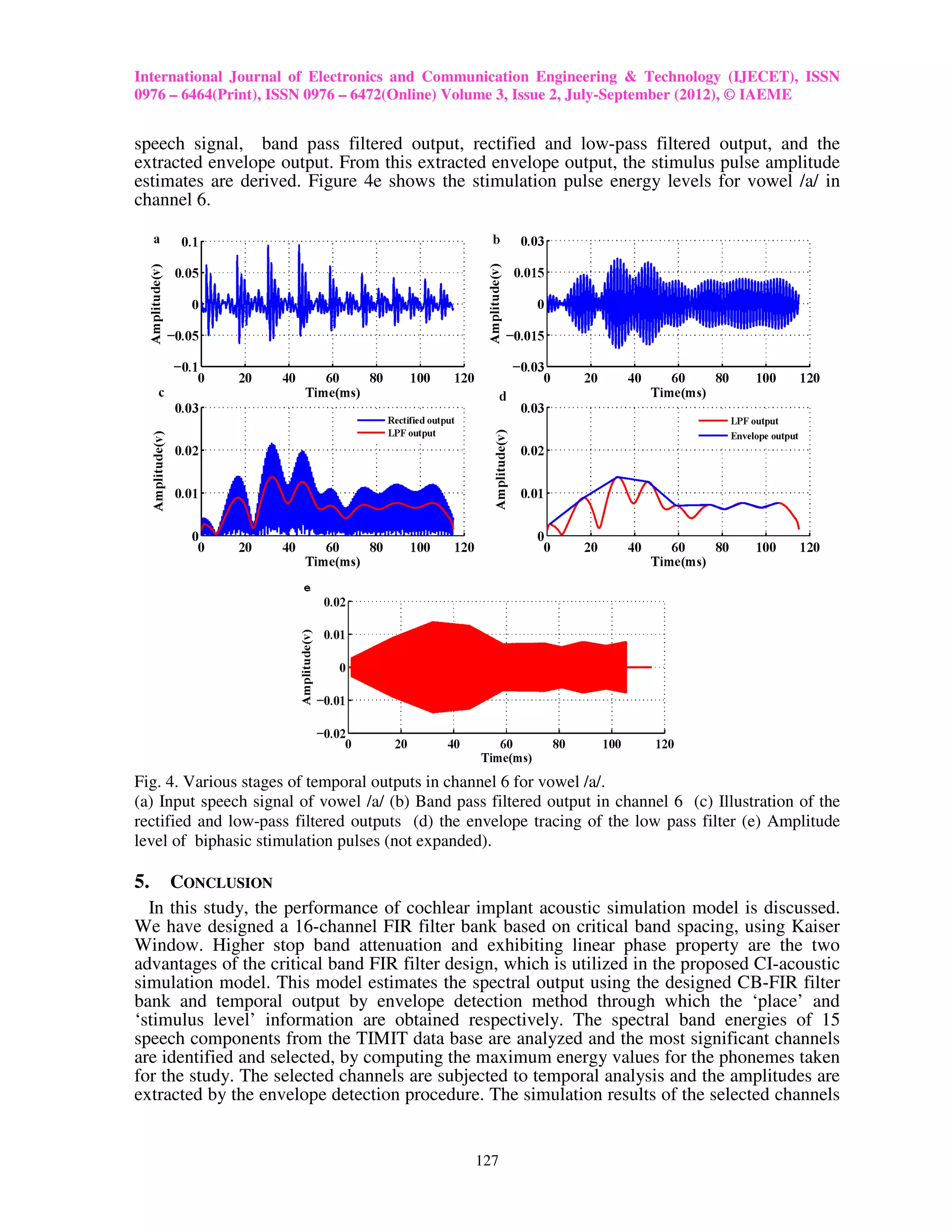 International Journal of Electronics and Communication Engineering & Technology (IJECET), ISSN
0976 – 6464(Print), ISSN 0976 – 6472(Online) Volume 3, Issue 2, July-September (2012), © IAEME


speech signal, band pass filtered output, rectified and low-pass filtered output, and the
extracted envelope output. From this extracted envelope output, the stimulus pulse amplitude
estimates are derived. Figure 4e shows the stimulation pulse energy levels for vowel /a/ in
channel 6.




Fig. 4. Various stages of temporal outputs in channel 6 for vowel /a/.
(a) Input speech signal of vowel /a/ (b) Band pass filtered output in channel 6 (c) Illustration of the
rectified and low-pass filtered outputs (d) the envelope tracing of the low pass filter (e) Amplitude
level of biphasic stimulation pulses (not expanded).

5.   CONCLUSION
  In this study, the performance of cochlear implant acoustic simulation model is discussed.
We have designed a 16-channel FIR filter bank based on critical band spacing, using Kaiser
Window. Higher stop band attenuation and exhibiting linear phase property are the two
advantages of the critical band FIR filter design, which is utilized in the proposed CI-acoustic
simulation model. This model estimates the spectral output using the designed CB-FIR filter
bank and temporal output by envelope detection method through which the ‘place’ and
‘stimulus level’ information are obtained respectively. The spectral band energies of 15
speech components from the TIMIT data base are analyzed and the most significant channels
are identified and selected, by computing the maximum energy values for the phonemes taken
for the study. The selected channels are subjected to temporal analysis and the amplitudes are
extracted by the envelope detection procedure. The simulation results of the selected channels


                                                 127
 