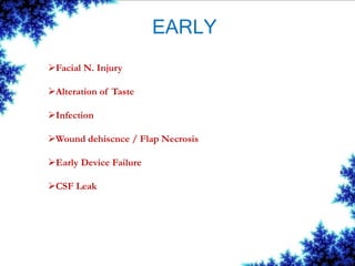 EARLY
Facial N. Injury
Alteration of Taste
Infection
Wound dehiscnce / Flap Necrosis
Early Device Failure
CSF Leak
 