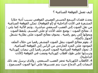 ‫؟‬ ‫الصناعية‬ ‫القوقعة‬ ‫تعمل‬ ‫كيف‬
‫خاليا‬ ‫أذية‬ ‫بسبب‬ ‫القوقعي‬ ‫العصبي‬ ‫الحسي‬ ‫السمع‬ ‫فقدان‬ ‫يحدث‬
‫المشعرة‬‫أو‬ ‫الداخلية‬ ‫األذن‬ ‫في‬(‫القوقعة‬ ‫أو‬.)‫تمكن‬‫القوقعة‬‫الصناعية‬
‫الصوت‬ ‫نقل‬ ‫من‬‫مباشرة‬ ‫السمعي‬ ‫العصب‬ ‫إلى‬.‫كما‬ ‫اآللية‬ ‫وتتم‬‫يلي‬:
1.‫الصوت‬ ‫معالج‬:‫األذن‬ ‫خلف‬ ‫يوضع‬‫الصوت‬ ‫يلتقط‬ ،‫الجسم‬ ‫على‬ ‫أو‬
‫إلى‬ ‫ويحولها‬‫رقمية‬ ‫رموز‬.‫بطارية‬ ‫على‬ ‫الصوت‬ ‫معالج‬ ‫يحتوي‬‫تشغل‬
‫بأكمله‬ ‫الجهاز‬.
2.‫الملف‬ ‫خالل‬ ‫من‬ ‫رقميا‬ ‫المشفر‬ ‫الصوت‬ ‫بنقل‬ ‫الصوت‬ ‫معالج‬ ‫يقوم‬
‫من‬ ‫الخارجي‬ ‫الجزء‬ ‫على‬ ‫الموجود‬‫الرأس‬‫إلى‬‫الصناعية‬ ‫القوقعة‬.
3.‫القوقعة‬ ‫تحول‬‫الصناعية‬‫المرمز‬ ‫الصوت‬‫رقميا‬‫كهربائية‬ ‫نبضات‬ ‫إلى‬
‫على‬ ‫وترسلها‬‫طول‬‫كهربائية‬ ‫أقطاب‬‫القوقعة‬ ‫في‬ ‫وضعت‬(‫األذن‬
‫الداخلية‬.)
4.‫تحفز‬ ‫الكهربائية‬ ‫األقطاب‬‫السمعي‬ ‫العصب‬‫والذي‬ ،‫ي‬‫رسل‬‫ذلك‬ ‫بعد‬
‫أنها‬ ‫على‬ ‫تفسيرها‬ ‫يتم‬ ‫حيث‬ ‫الدماغ‬ ‫إلى‬ ‫النبضات‬‫المسموع‬ ‫الصوت‬.
 