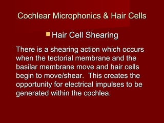 Cochlear Microphonics & Hair Cells

          Hair Cell Shearing

There is a shearing action which occurs
when the tectorial membrane and the
basilar membrane move and hair cells
begin to move/shear. This creates the
opportunity for electrical impulses to be
generated within the cochlea.
 